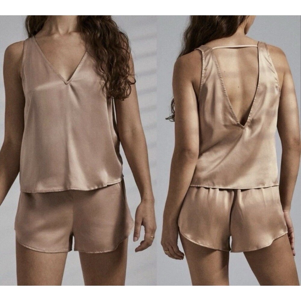 Women’s Designer Lunya Washable Silk Pajama Tank Set Medium Otium Tan Feminine